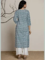 Floral Printed Lace Detail Straight kurta - White Indigo - Image 2