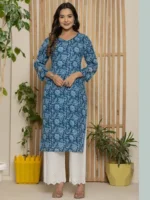 Cotton Katha Printed Straight Round Neck kurta - Light Blue