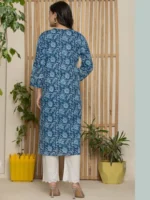 Cotton Katha Printed Straight Round Neck kurta - Light Blue - Image 2